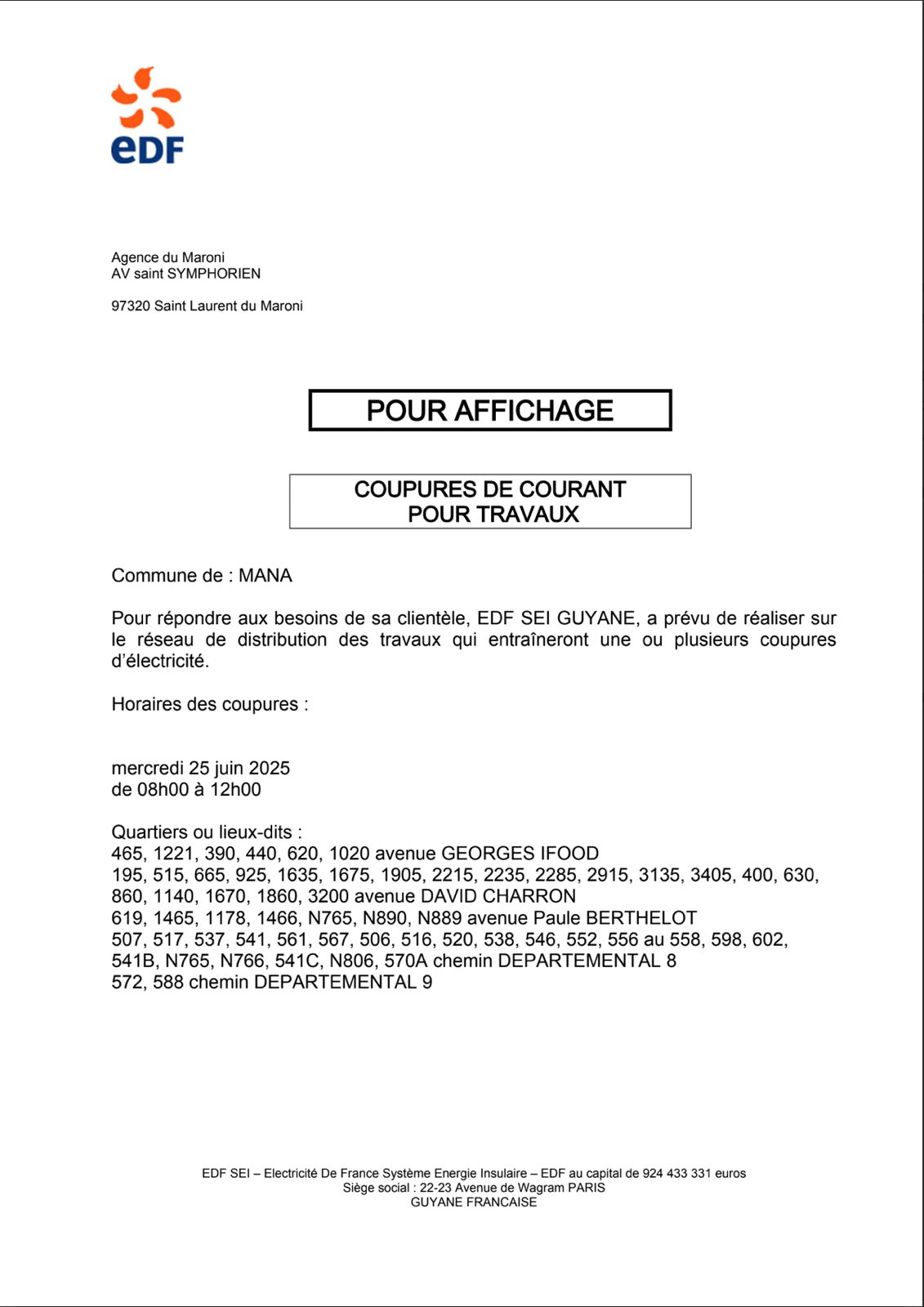 Coupure EDF pour travaux le mercredi 25 juin 2025