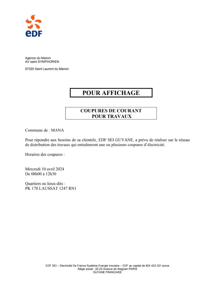 Coupures de courant pour travaux 10 avril