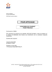 COUPURES DE COURANT POUR TRAVAUX DU 22 juillet 2025