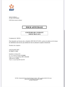 COUPURES DE COURANT POUR TRAVAUX du 10 juillet